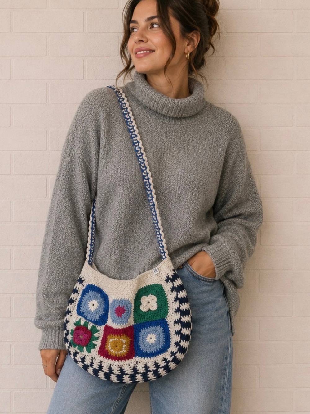 Multicolor Crochet Shoulder Bag grannycore patchwork style purse 70’s style